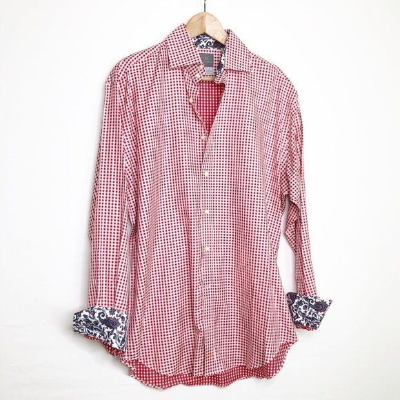 Thomas dean, red and white micro check button down shirt - Picture 7 of 9